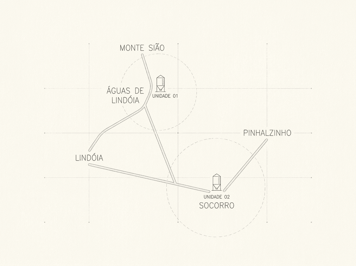 Mapa da região de cobertura da Concriar: Águas de Lindóia, Lindóia, Monte Sião, Socorro e Pinhalzinho, com as unidades 01 e 02
